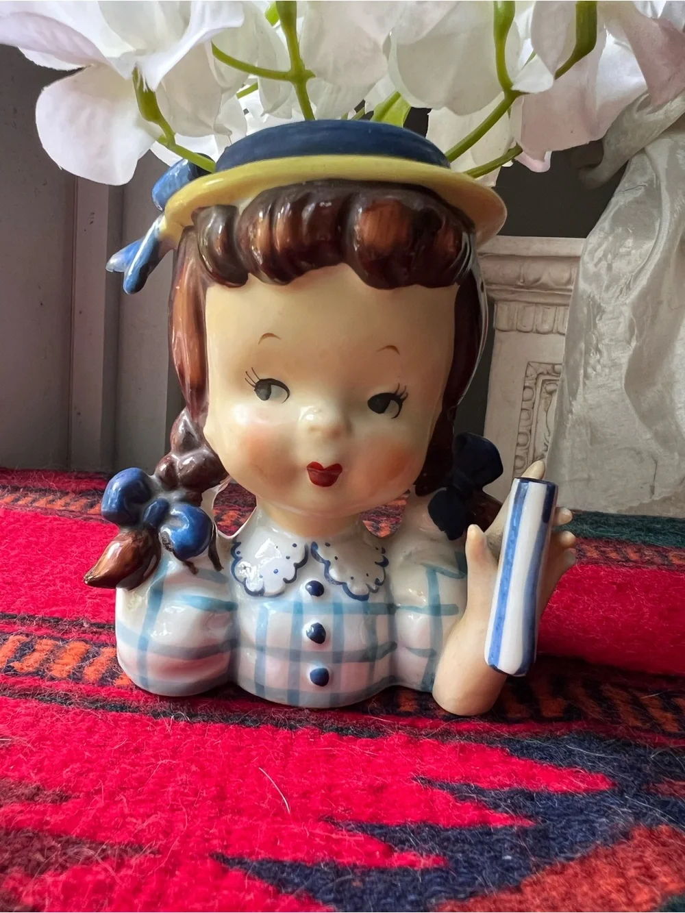 Vintage Ceramic Girl with Pigtails Head Vase in Blue, Checkered dress like new - Picture 12 of 14